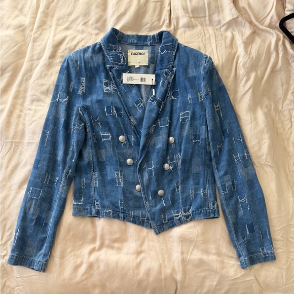 L'AGENCE Wayne Patchwork Denim Crop Blazer, Size L Excellent Condition - Picture 4 of 16